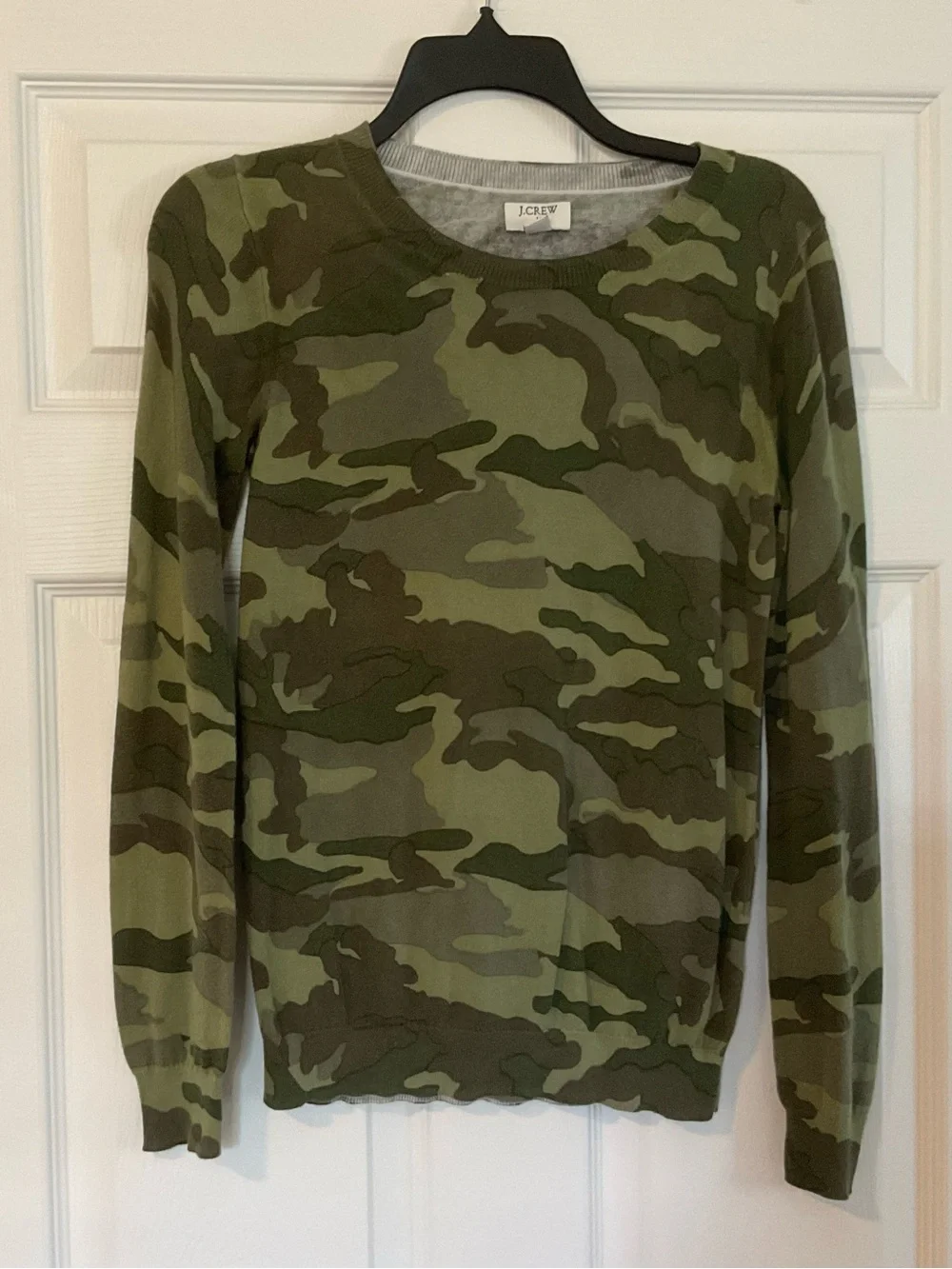 J.Crew Women’s Olive Green Camo Crewneck Teddie Sweater